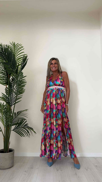 CELLOFUN - 2358A - ABITO LUNGO STAMPA NAPPINE CON APPLICAZIONE PASSAMANERIA NAPPINE E SPACCO LATERALE, 100%VISCOSA