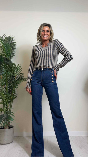 DAFNE - 1539P29 - JEANS FLARE BOTTONI GOLDEN ROSE, COMFORT STRETCH, VITA ALTA