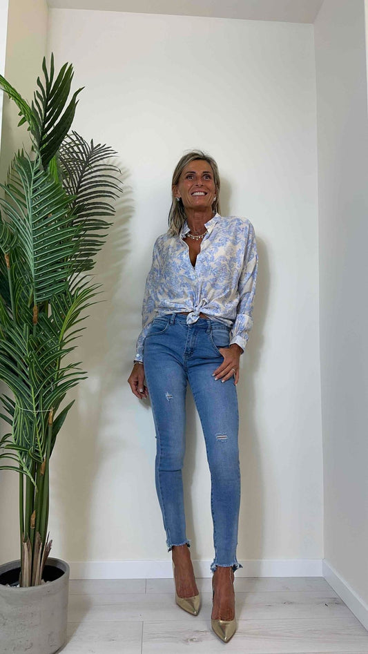 DAFNE - MCOIA022 - CAMICIA VISCOSA STROPICCIATA, COLLO COREANA,STAMPA SFUMATA